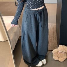 批发加绒加厚 ins慵懒风冬季新款保暖复古弯刀垂感休闲居家裤遛弯裤