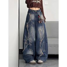 批发美式巴鲁米高街解构流苏破洞牛仔裤男女复古做旧大口袋拖地裤