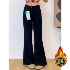 批发秋冬南大街时尚百搭显瘦<b class='q'>大码</b>胖mm加绒加厚高腰牛仔裤女韩版微喇裤