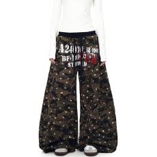 批发美式街头星星迷彩印花加绒弯刀卫裤男女爵士舞阔腿裤<b class='q'>潮</b>