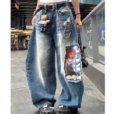 批发秋美式休闲痞帅重磅破洞补丁牛仔裤男女直筒宽松高街个性乞丐裤子