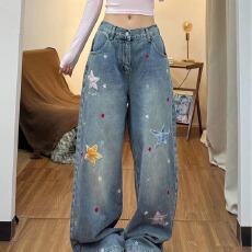 批发欧货重工刺绣五角星牛仔裤2025新款高腰宽松阔腿休闲复古直筒长裤
