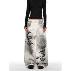 批发美式复古做旧脏染音符印花牛仔裤男女宽松小众设计阔腿裤