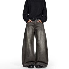 批发美式古着水洗做旧牛仔男女潮牌宽松直筒cleanfit高街痞帅阔腿长裤