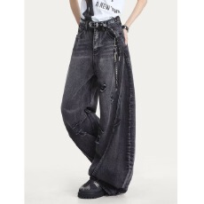 批发美式复古水洗牛仔裤男女直筒宽松弯刀阔腿痞帅高级感裤子潮流百搭