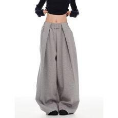 批发【空气层双褶皱抽绳卫裤】M4春季新款显瘦阔腿裤<b class='q'>大码</b>松弛感运动