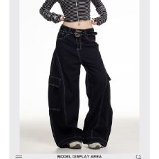 批发【原版质量】明线淘优设计感牛仔裤女春宽松街头风宽松阔腿工装裤