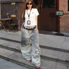 批发美式个性<b class='q'>印花</b>牛仔<b class='q'>裤</b>女秋季新款复古高街设计感休闲宽松拖地<b class='q'>裤</b>