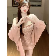批发秋季纯欲性感辣妹JK制服套装裙粉色条纹吊带包臀连衣裙针织<b class='q'>开衫</b>女
