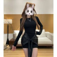 批发2025秋季新款性感连衣裙褶皱系带圆领<b class='q'>长袖</b>绑带包臀短裙外穿