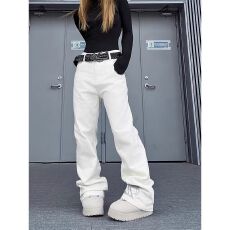 批发半松紧腰围】牛仔新风格绣花微喇牛仔裤男女<b class='q'>春</b>秋高街修身A字长裤