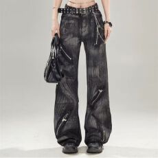 批发拉链微喇】嘻哈浩威牛仔裤女<b class='q'>春</b>秋潮牌高街水洗扎染拉链微喇长裤子
