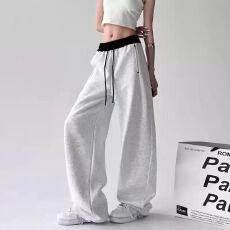 批发2026春秋新款美式撞色拼接卫裤女高腰设计感休闲<b class='q'>长裤</b>香蕉裤弯刀裤