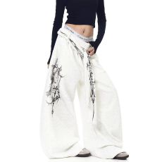 批发纯棉复牛奶丝】美式新视觉荆棘<b class='q'>印花</b>绑带叠穿弯刀卫裤男女阔腿裤春