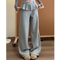 批发2026新款韩系灰色百褶拼接假两件屁帘休闲裤女冬季宽松阔腿裙<b class='q'>长裤</b>