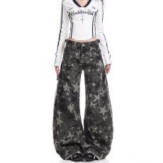 批发美式星星设计长裤男女新款秋<b class='q'>冬</b>高腰宽松直筒休闲宽松显瘦牛仔裤潮