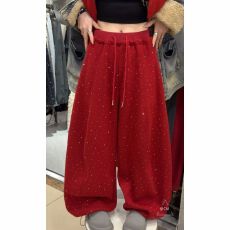 批发2025冬韩版宽松显瘦休闲裤女带钻直筒阔腿弯刀加绒加厚爵士裤子