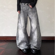 批发2026黑色扎染新款显瘦阔腿拖地做旧百搭宽松适合牛仔裤<b class='q'>女裤</b>子水洗