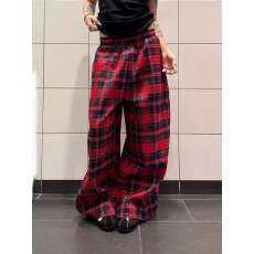 批发美式复古设计感拼色格子抽绳休闲裤百搭阔腿拖地<b class='q'>长裤</b>男女ins