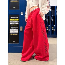 批发美式慵懒风烫钻字母抽绳阔腿卫裤<b class='q'>男</b>女简约休闲百搭长裤