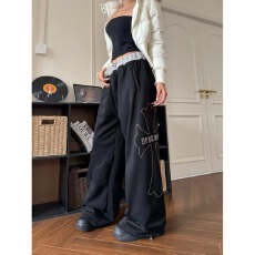 批发美式复古烫钻十字架休闲裤<b class='q'>男</b>女秋冬宽松阔腿直筒卫裤长裤