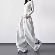 批发华棉复合新款运动风松紧腰抽绳卫裤女宽松阔腿休闲裤<b class='q'>印花</b>长裤