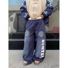 批发原版做法双腰头辣妹水洗<b class='q'>印花</b>休闲卫裤女宽松阔腿裤女设计感裤