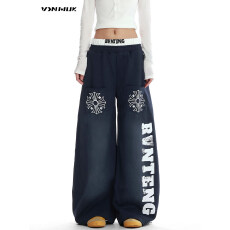 批发美式街头风字母<b class='q'>印花</b>双腰头运动卫裤女秋冬爵士舞百搭弯刀裤