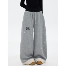 批发美式复古星星钉珠刺绣卫裤<b class='q'>男</b>女弯刀毛绒卷边阔腿裤