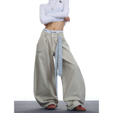 批发配格纹绑带刺绣 格子丝巾绑带叠穿工装裤<b class='q'>男</b>女秋设计感弯刀阔腿裤