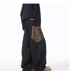 批发蛇纹口袋弯刀黑色牛仔裤阔腿男<b class='q'>女裤</b>子美式宽松拖地休闲裤直筒裤