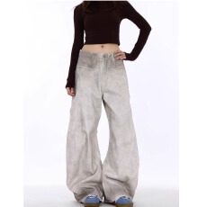 批发美式复古重工水洗白色脏染解构弯刀<b class='q'>牛仔</b>裤男女宽松阔腿裤子