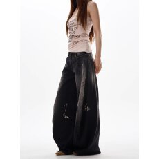 批发<b class='q'>欧美</b>高街vibe做旧水洗泼墨牛仔裤男女宽松直筒阔腿坠感长裤ins潮