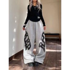 批发纯棉复合美式复古字母印花抽绳弯刀卫裤<b class='q'>男</b>女设计感宽松休闲裤子女