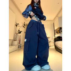 批发简约文艺时尚百搭日系气质<b class='q'>松紧腰</b>抽绳拼色多口袋<b class='q'>牛仔裤</b>