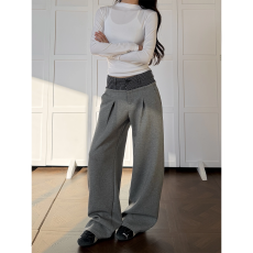 批发美式撞色双腰头直筒微阔休闲裤<b class='q'>男</b>女cleanfit垂感宽松休闲长裤