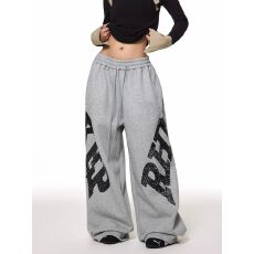 批发纯棉复合 美式复古字母印花抽绳弯刀卫裤<b class='q'>男</b>女设计感宽松阔腿裤潮