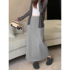 批发灰色运动半身裙新款高腰直筒开叉松紧显瘦垂坠抽绳休闲长裙裙子