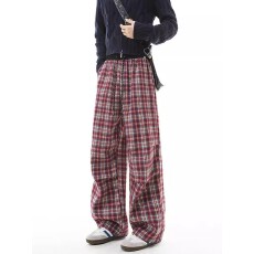 批发美式复古弯刀格子裤<b class='q'>男</b>女夏季bf慵懒风宽松裤子cleanfit微喇休闲裤