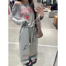 批发美式复古涂鸦印花阔腿裤女春秋季小众设计感蕾丝拼接<b class='q'>休闲</b>裤子女