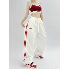 批发2026春夏运动裤欧韩时尚宽松设计红两条杠爵士舞裤女白宽松长裤女