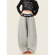 批发美式复古双腰头拼接字母印花弯刀卫裤女设计感宽松阔腿裤