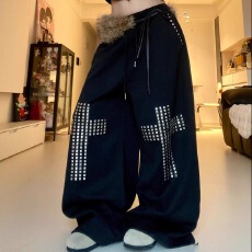 批发美式复古假两件拼接双腰头弯刀卫裤男女春秋条纹阔腿裤