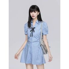 批发小香风条纹蓝色<b class='q'>连衣裙</b>女夏季小个子收腰显瘦短裙polo领衬衫裙套装