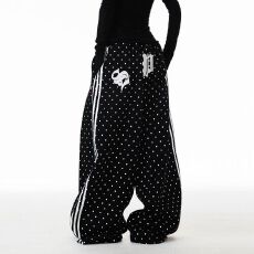 批发纯棉复合+刺绣】波点新视觉休闲裤女春秋宽松显瘦阔腿裤条纹<b class='q'>长裤</b>