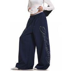 批发纯棉华棉复合牛奶丝】字母烫钻阔腿休闲裤男女春夏宽松松紧腰<b class='q'>长裤</b>