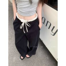 批发美式复古休闲裤女夏季新款宽松显瘦直筒阔腿裤设计感黑色<b class='q'>长裤</b>春秋