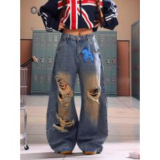 批发美式高街破洞小马印花牛仔裤<b class='q'>女</b>2026春夏春复古弯刀裤长裤<b class='q'>休闲裤</b>