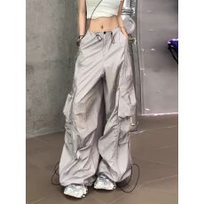 批发【1比1工艺面料(反光亮面)】束脚两穿休闲工装阔腿裤<b class='q'>女</b>夏拖地裤