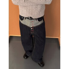 批发长排扣拼接红边赤耳复古原牛牛仔裤<b class='q'>男</b>女直筒宽松休闲百搭长裤